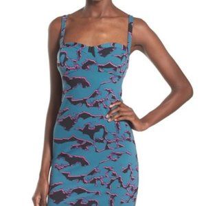 Leith teal w/ pink prnt bodycon midi dress, Size S